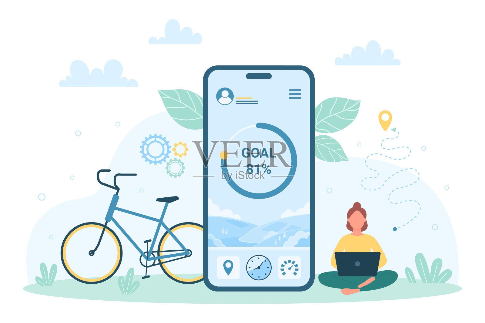 小女人使用自行车应用程序训练，骑自行车为目标位置运输插画图片素材