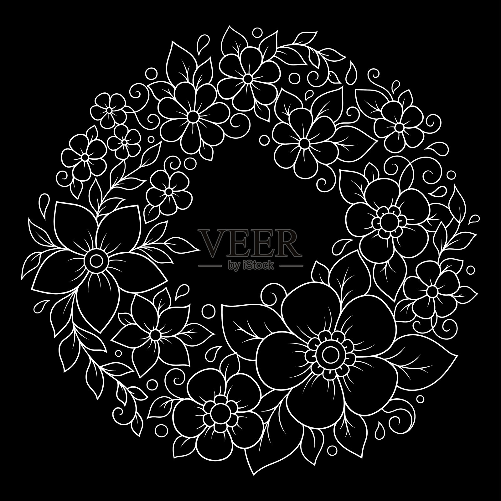 轮廓圆形花卉图案在曼海迪风格的着色书页。成人和儿童抗压力。黑色和白色的涂鸦装饰。手绘矢量插图。插画图片素材