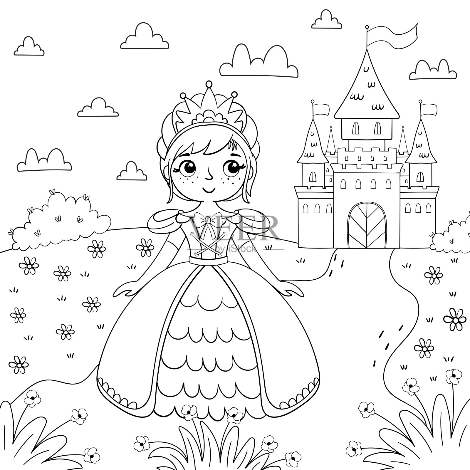 一页的填色书与一个女孩和一个公主在一个魔法城堡的背景。为孩子设计。矢量插图在卡通风格。插画图片素材