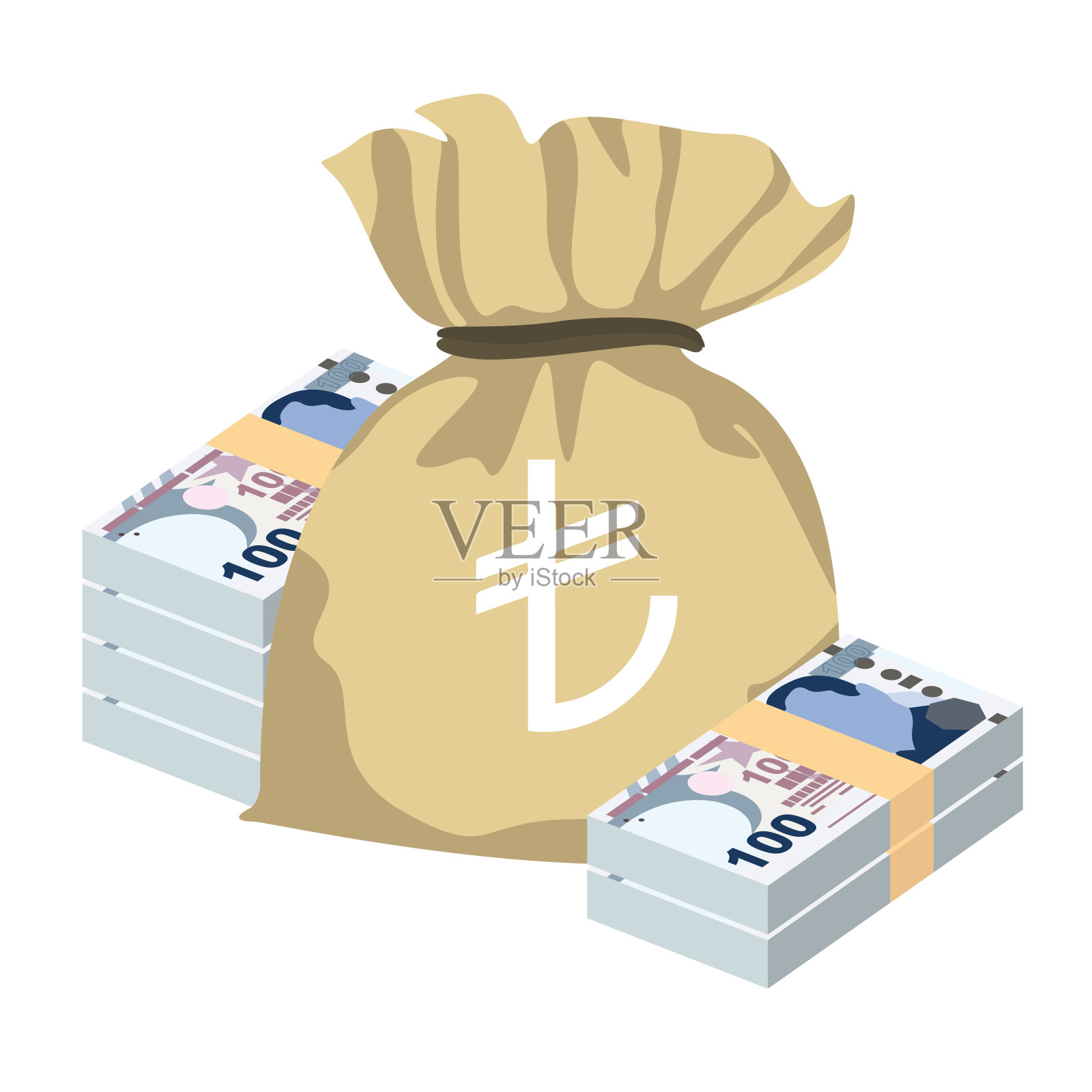 土耳其里拉矢量插图。土耳其货币套装捆绑钞票。钱袋100试试看。平的风格。孤立在白色背景上。简单的最小设计。插画图片素材