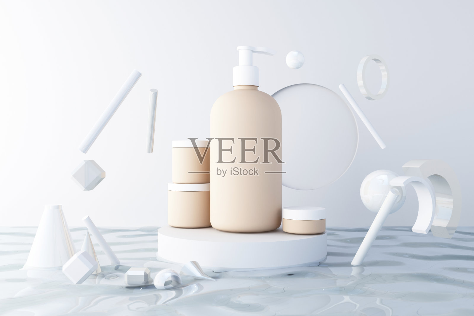 几何讲台上的化妆品模型。背景和几何形状的水的外观逼真的3d渲染照片摄影图片