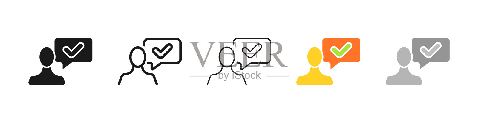 说话带气泡和勾号的男人。工作沟通，批准，工作，演示，协议。经营理念。矢量五个图标在不同的风格上的白色背景图标素材