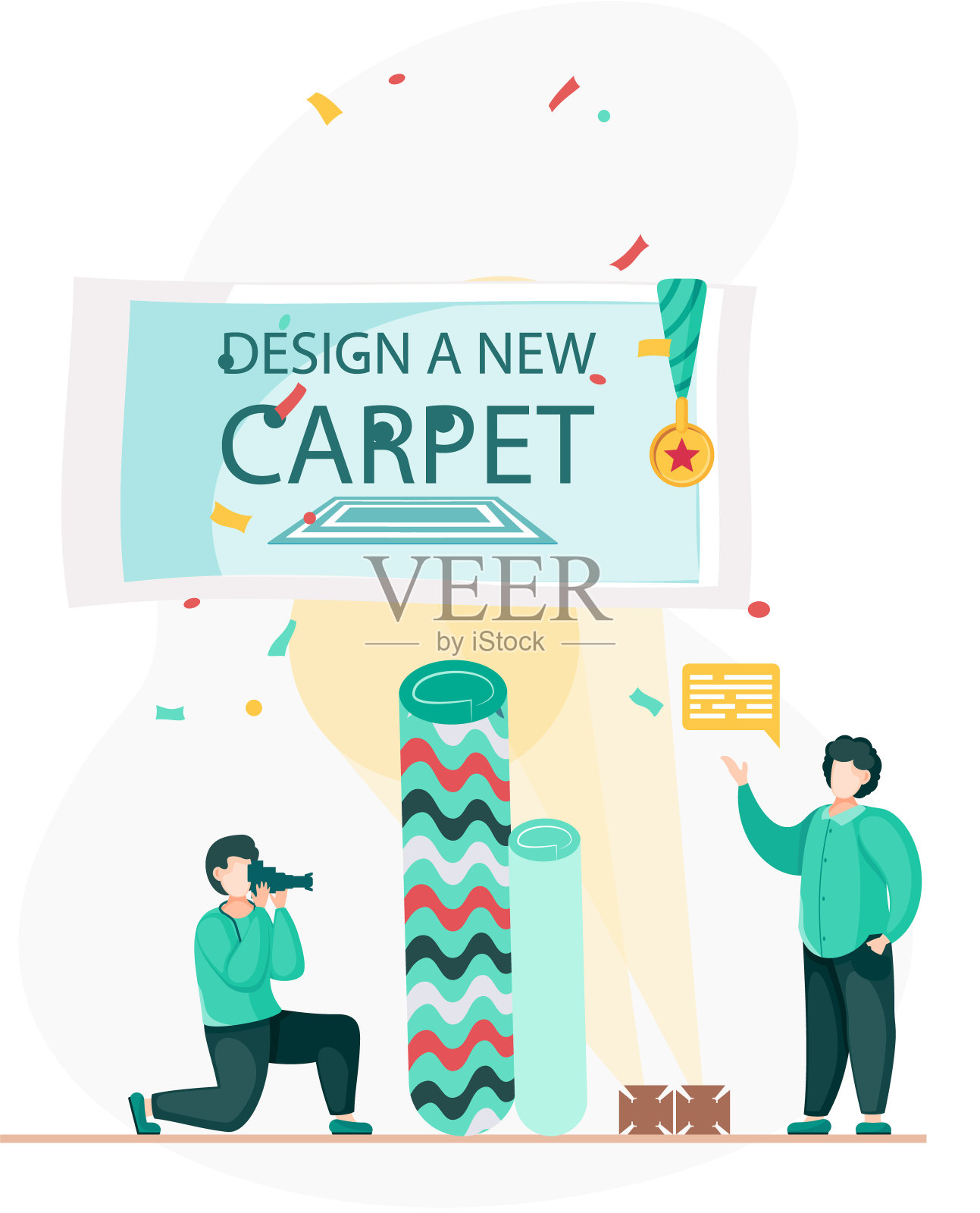 地毯制造。男人们在设计新地毯，为广告拍摄地毯插画图片素材