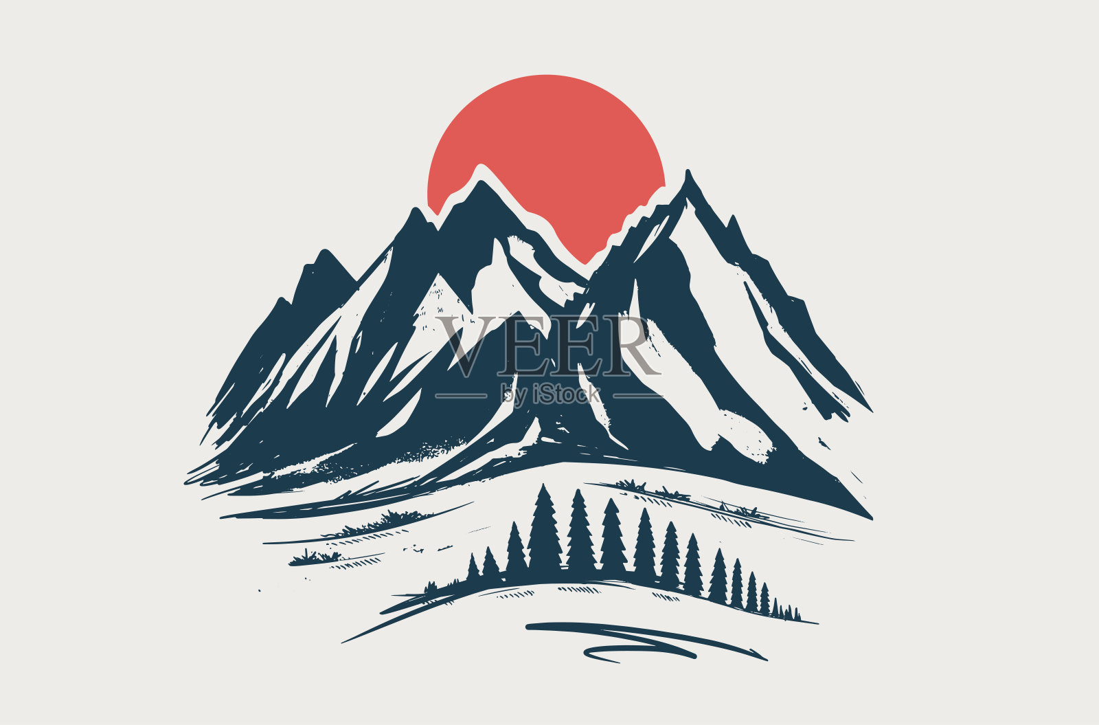 山地景观，素描风格，矢量插图。插画图片素材