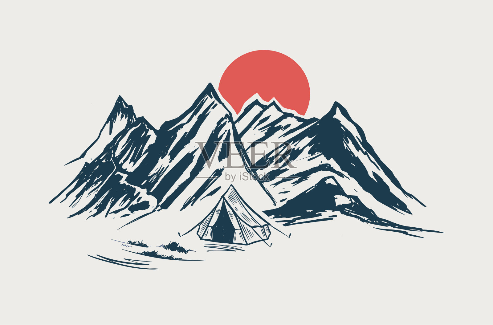 露营，山地景观，素描风格，矢量插图。插画图片素材