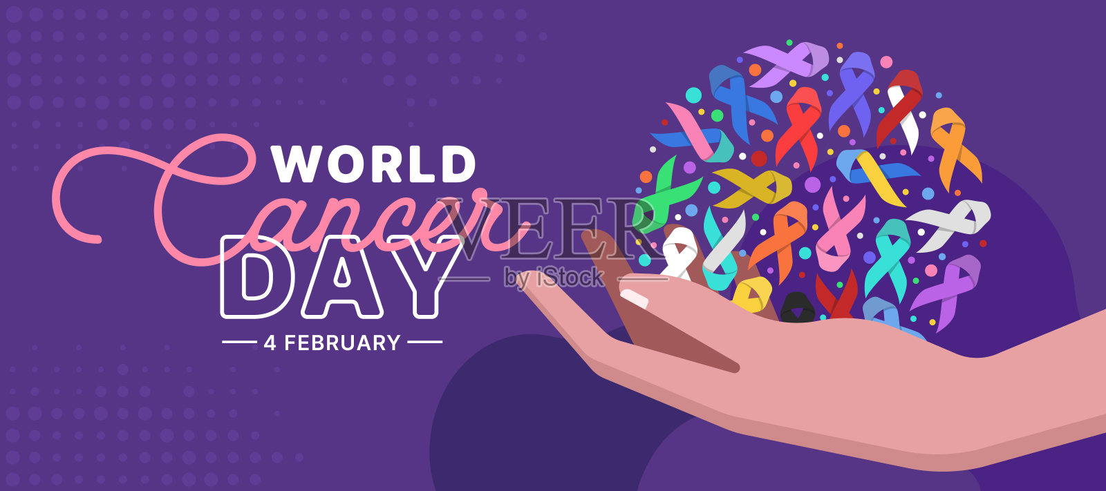 世界癌症日-手握圆形地球与一套不同颜色的丝带对抗癌症标志在紫色背景矢量设计插画图片素材