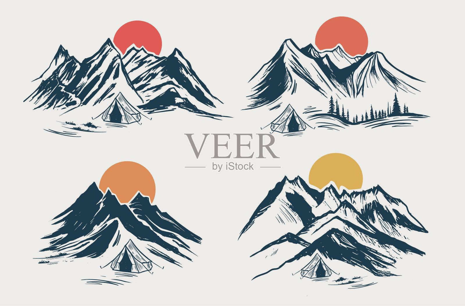 露营，山地景观，素描风格，矢量插图。插画图片素材