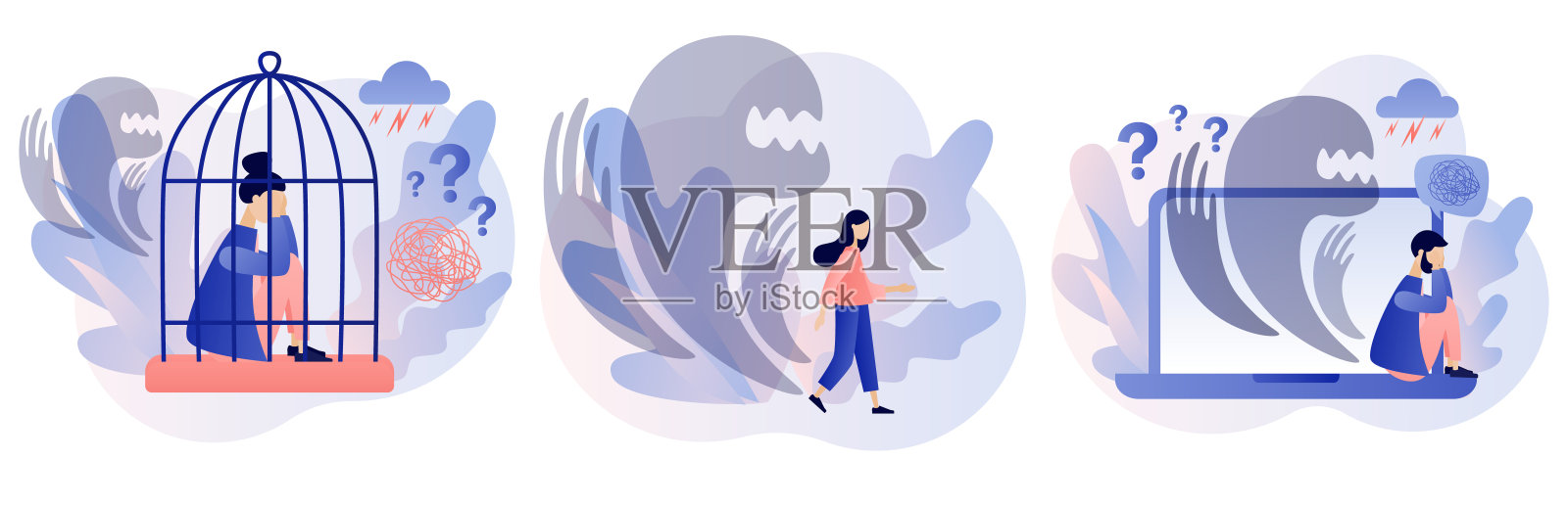 内心的恐惧概念：恐惧症、焦虑、惊恐发作。心理学、孤独、恐惧或精神健康问题、抑郁症。现代扁平卡通风格。白色背景矢量图插画图片素材