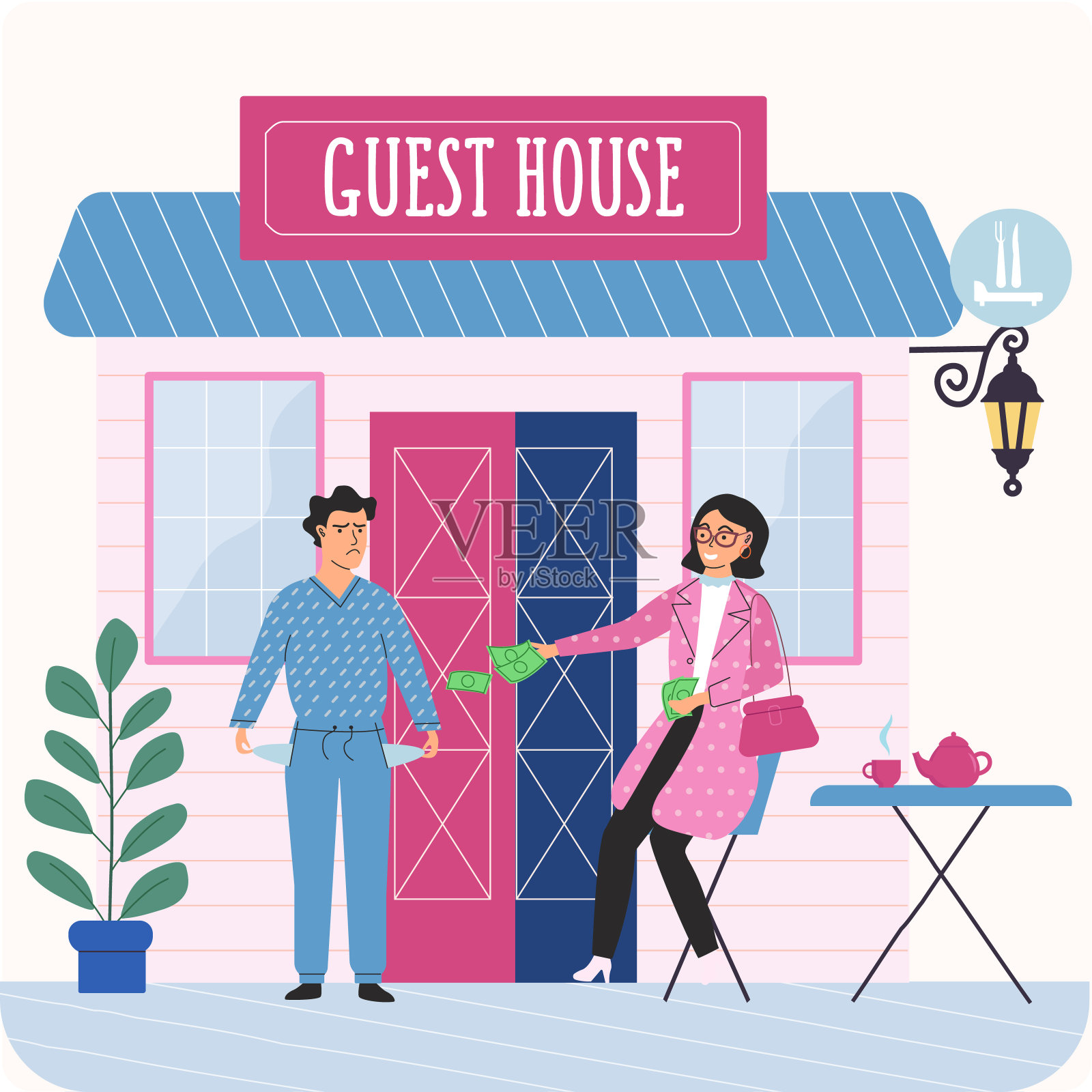 富人和穷人卡通人物没有钱。口袋空空的男人和成功的女人插画图片素材