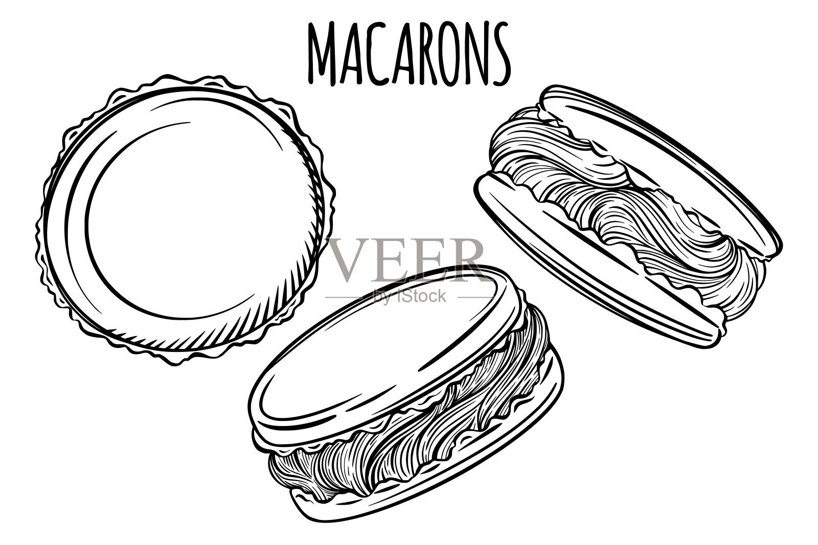 新鲜手绘的法式马卡龙供面包房或糕点店享用。插画图片素材