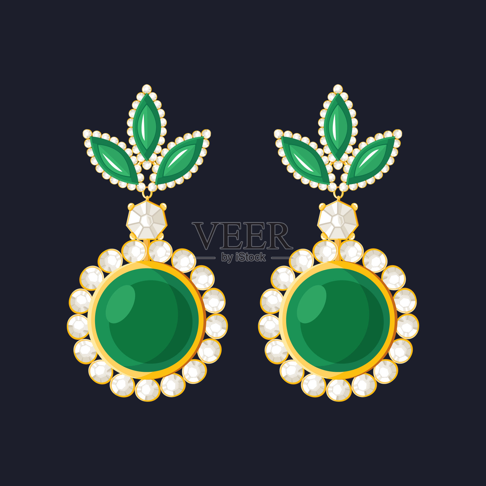 金耳环与祖母绿和钻石宝石隔离在黑色背景。昂贵的奢侈品珠宝首饰。时尚平面风格矢量插图插画图片素材