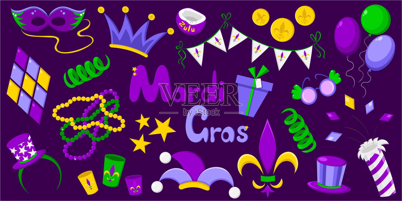 明亮多彩的设置在紫色背景的狂欢节庆祝活动。帽子，王冠，珠子，符号，气球，蛇形纹章，旗帜，椰子，面具，水晶，星星。插画图片素材
