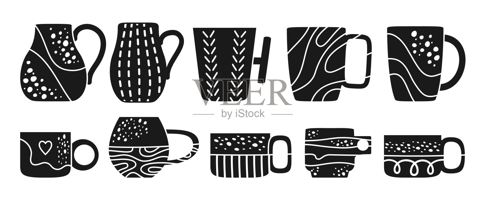 杯子杯子雕刻印刷套不同图案形状邮票陶瓷餐具饮料茶杯压插画图片素材