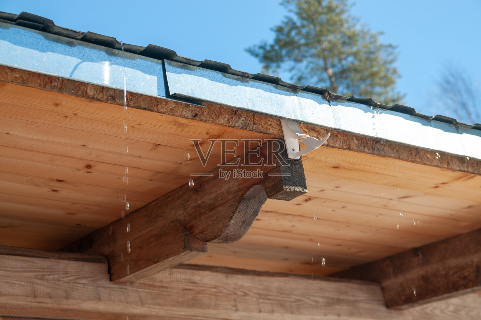 从木屋的屋顶上掉下来照片摄影图片