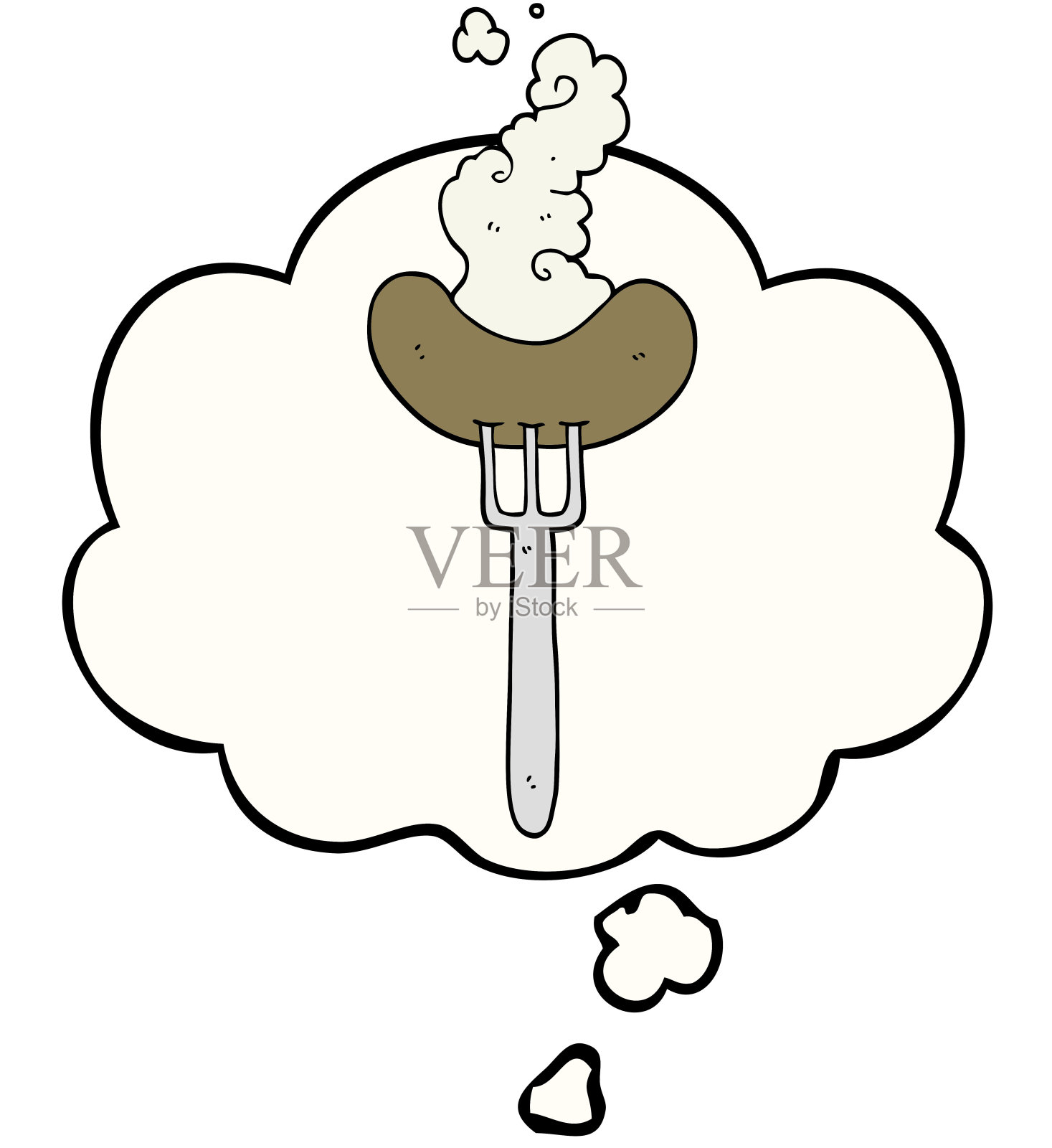 卡通香肠放在叉子上，还有思想泡泡插画图片素材