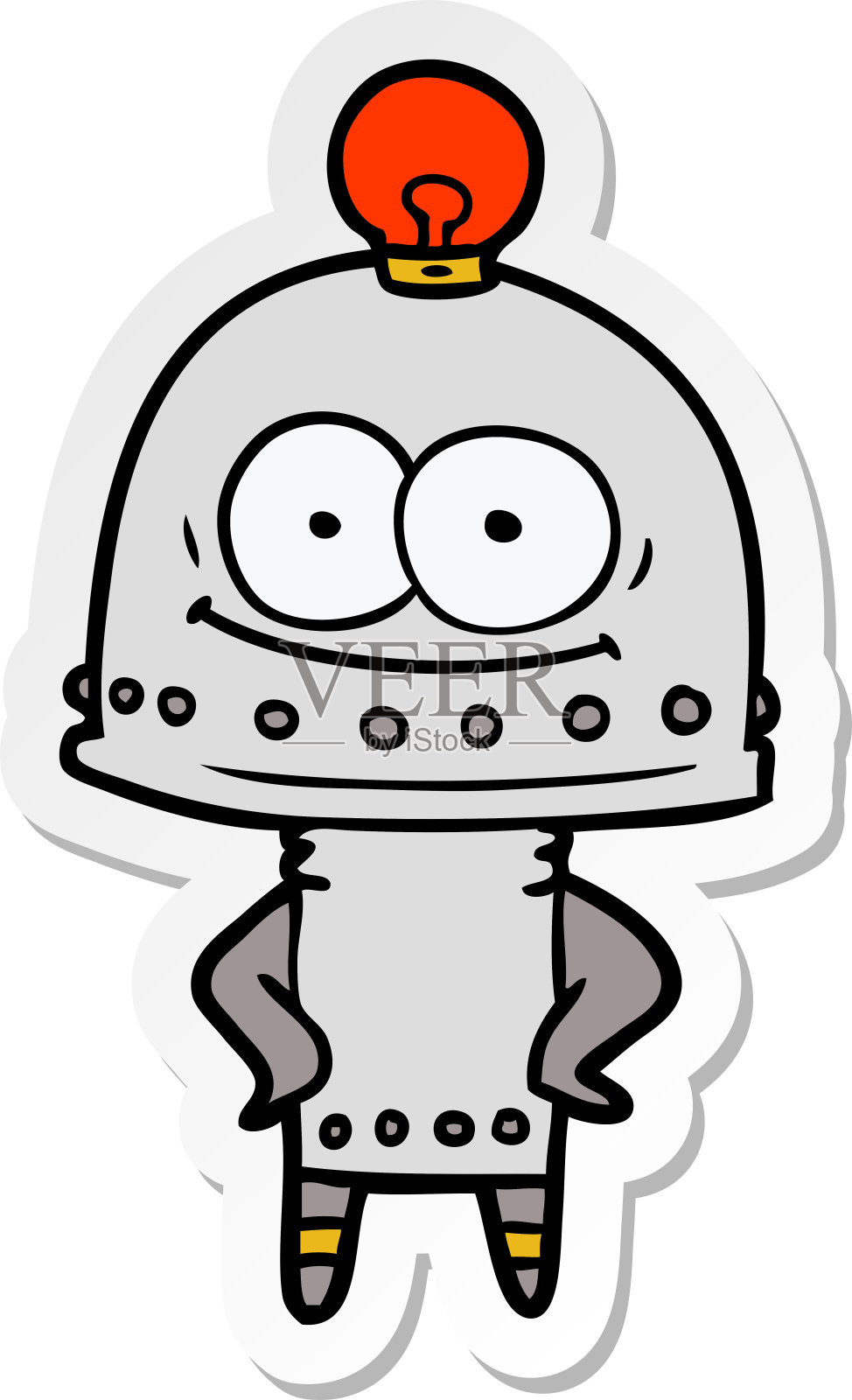 贴纸的快乐纸箱机器人与灯泡插画图片素材