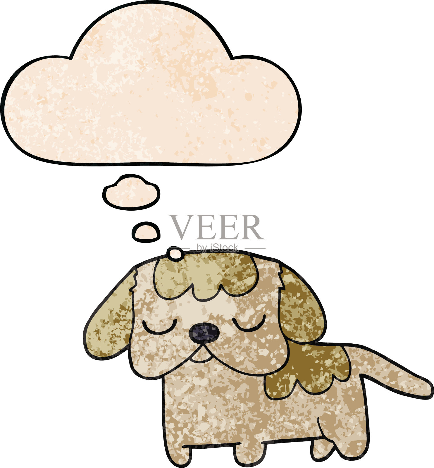 可爱的卡通小狗与垃圾质感风格的思想泡泡设计元素图片