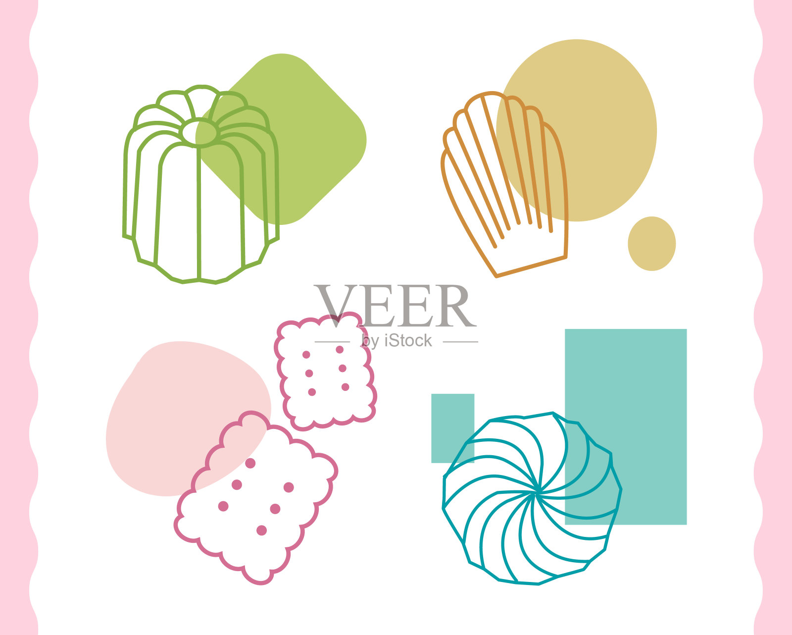 琦琦、玛德琳和克莱尔集合。收藏图标甜点。向量插画图片素材