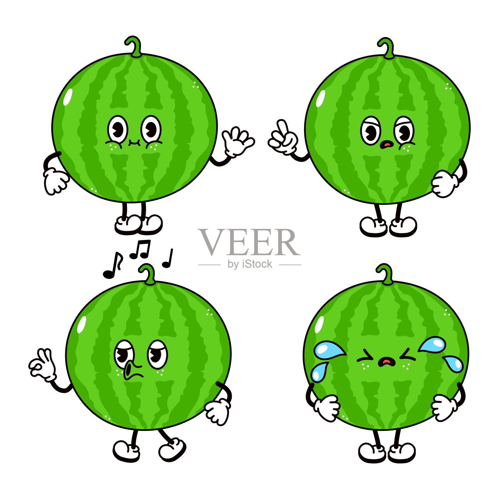 滑稽可爱的西瓜人物捆绑套装。矢量手绘涂鸦风格的传统卡通复古，复古的人物插图图标设计。孤立的白色背景。快乐西瓜吉祥物设计元素图片