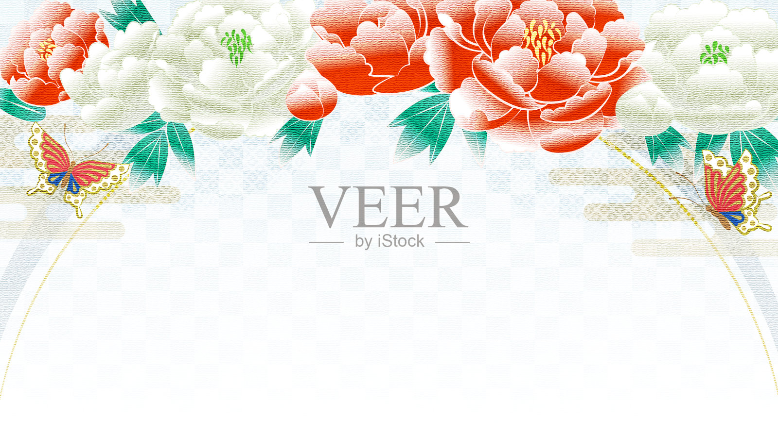 牡丹花的传统日本和服图案，玉禅风格，复制空间可用插画图片素材