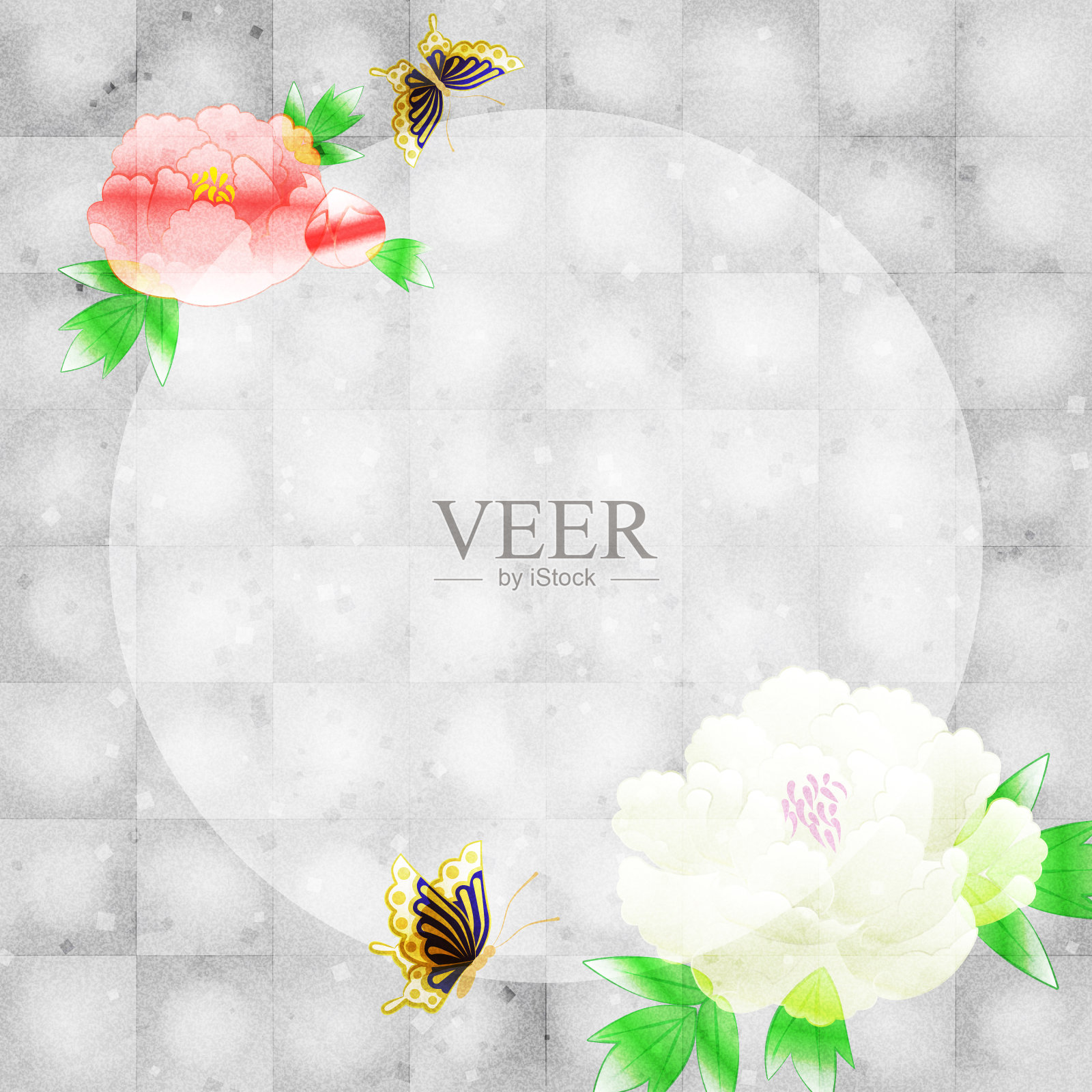 牡丹花银叶背景，复制空间可用插画图片素材