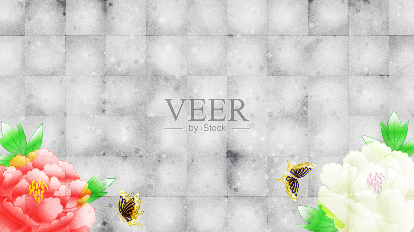 牡丹花银叶背景，复制空间可用插画图片素材