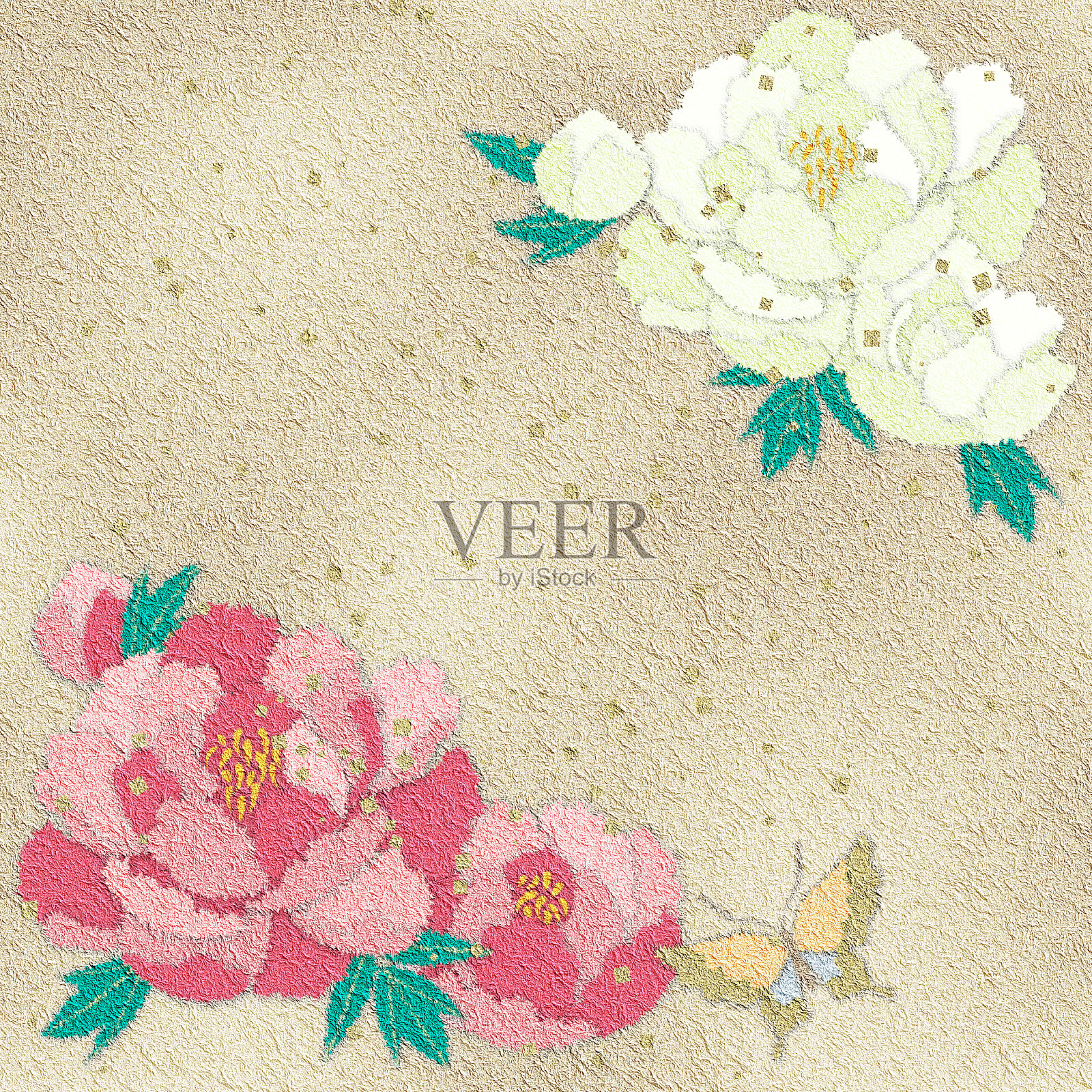 日本牡丹花纸千叶画风插图，复制空间可用插画图片素材