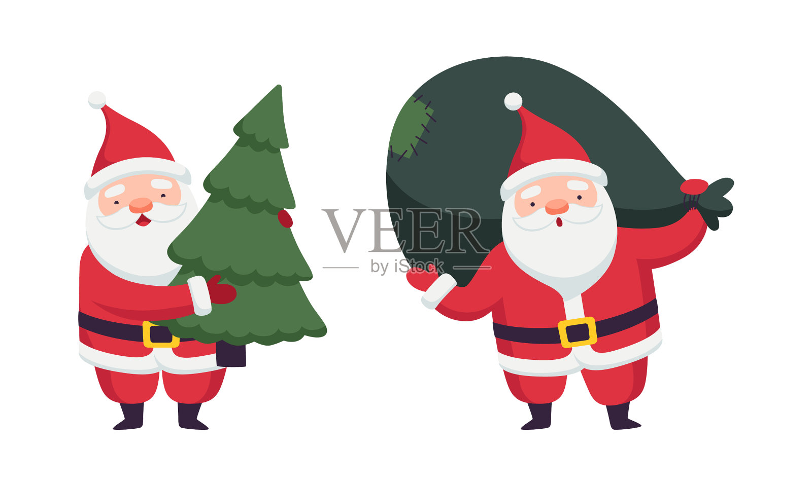有趣的圣诞老人与冷杉树和袋设置可爱设计元素图片