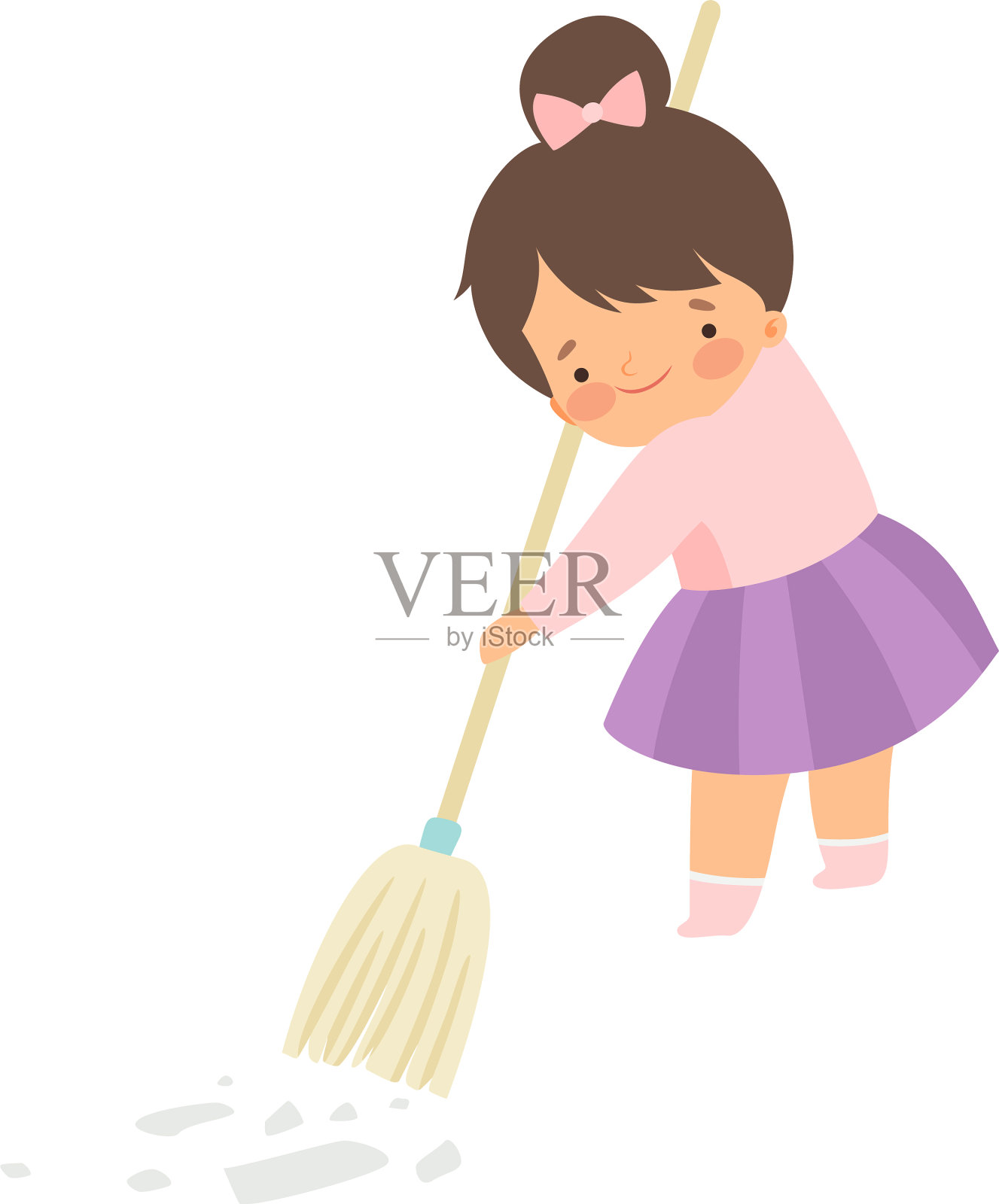 可爱的褐发小女孩扫地设计元素图片