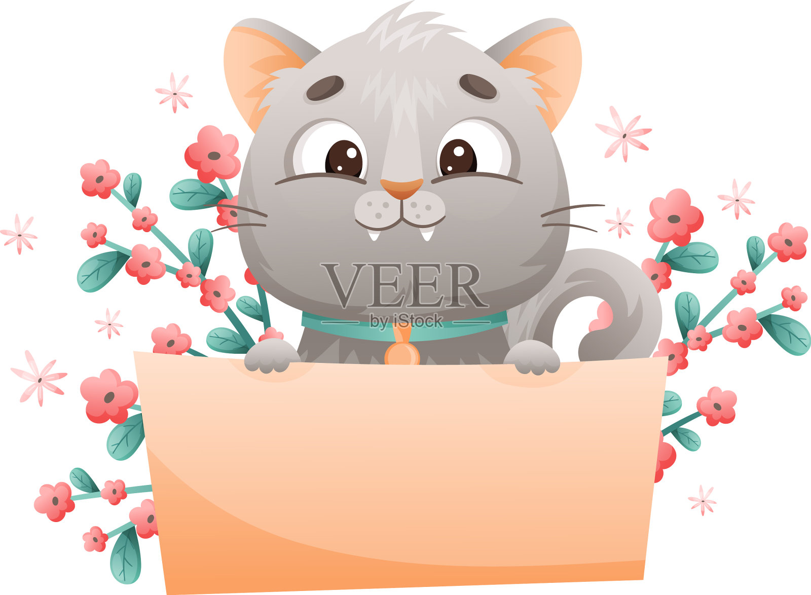 可爱的灰猫带着花坐在空设计元素图片