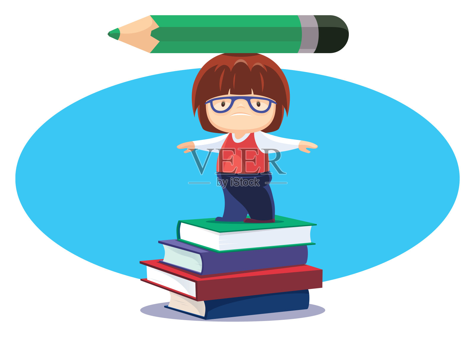 不快乐的孩子，拿着大铅笔和一堆书设计元素图片