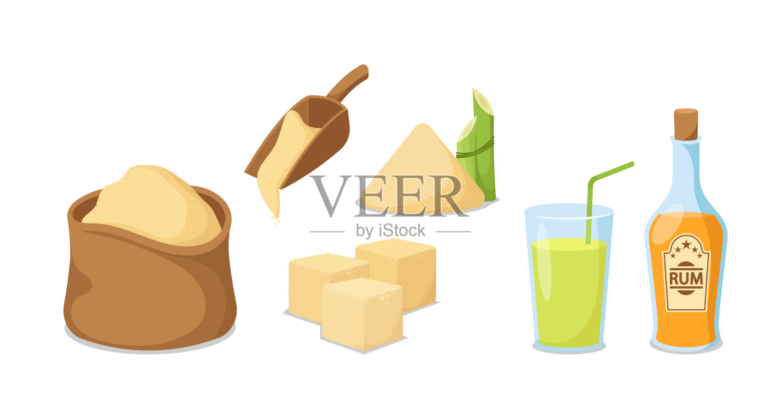 一套甘蔗糖生产设备，袋，勺糖沙和方块，朗姆酒在瓶子和柠檬水在杯子设计元素图片
