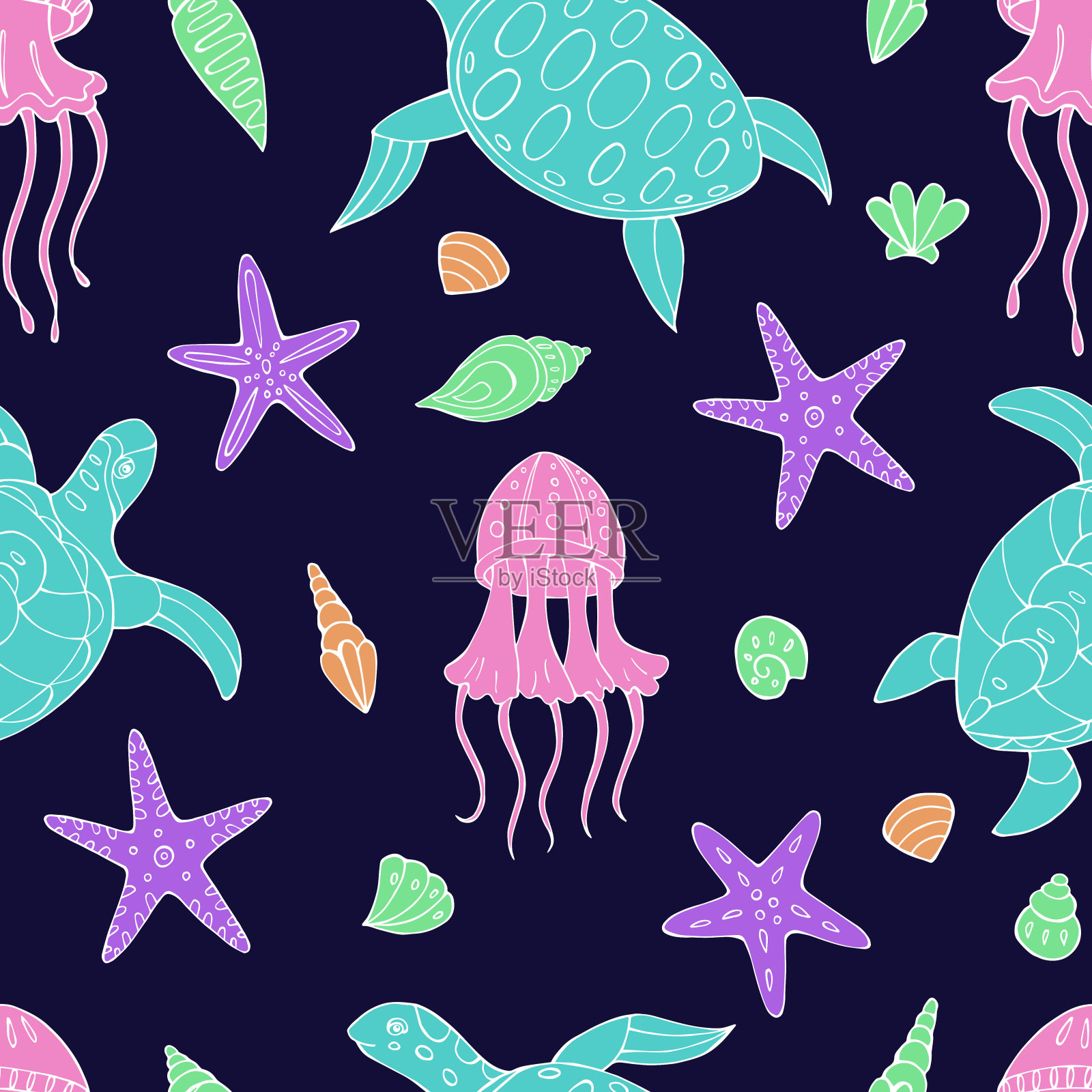 无缝矢量模式与素描水母，海龟，海星和贝壳。插画图片素材