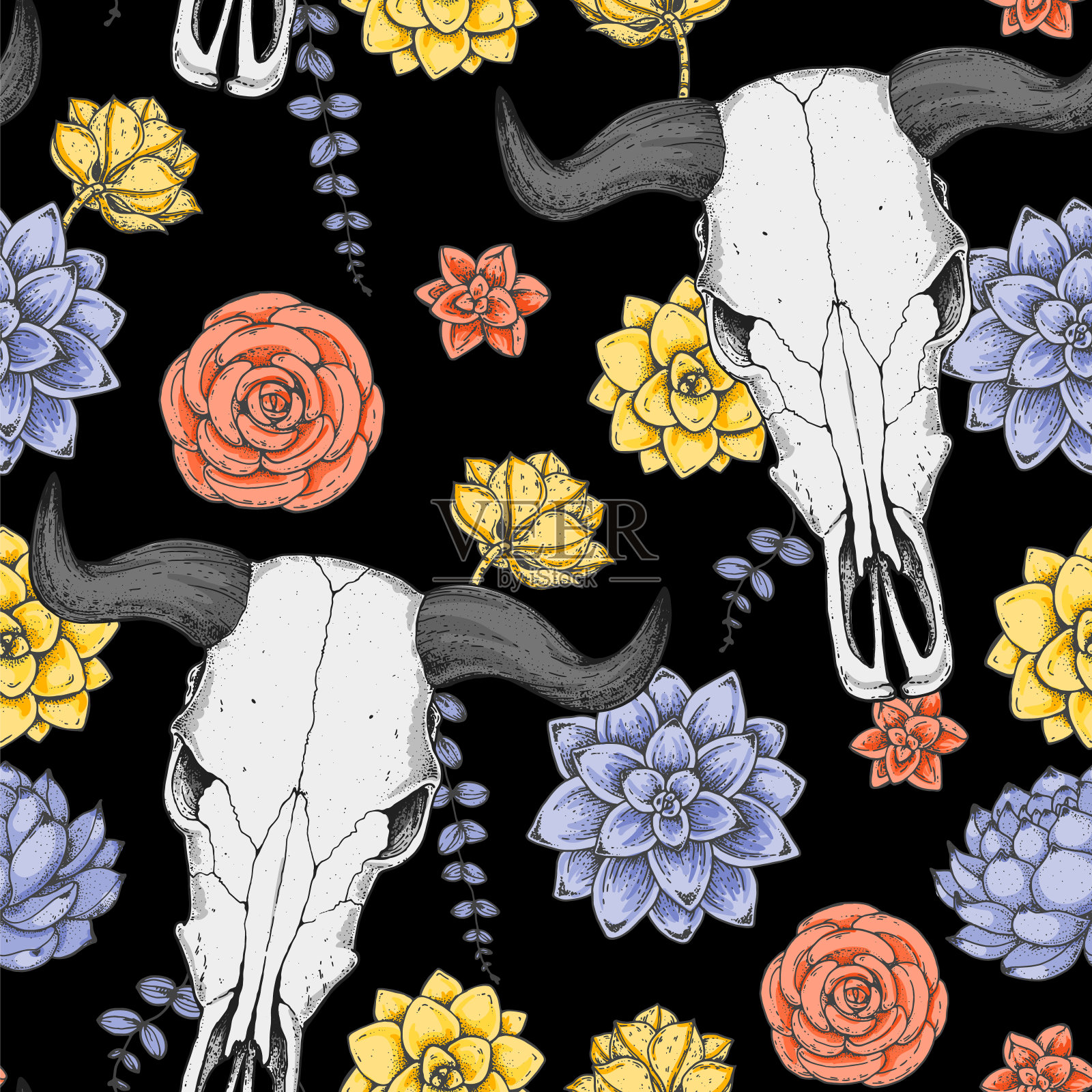 水牛头骨和鲜花手绘插图。无缝模式。蛮荒的美国西部。矢量插图。纹身的打印。水牛头骨和花束。插画图片素材