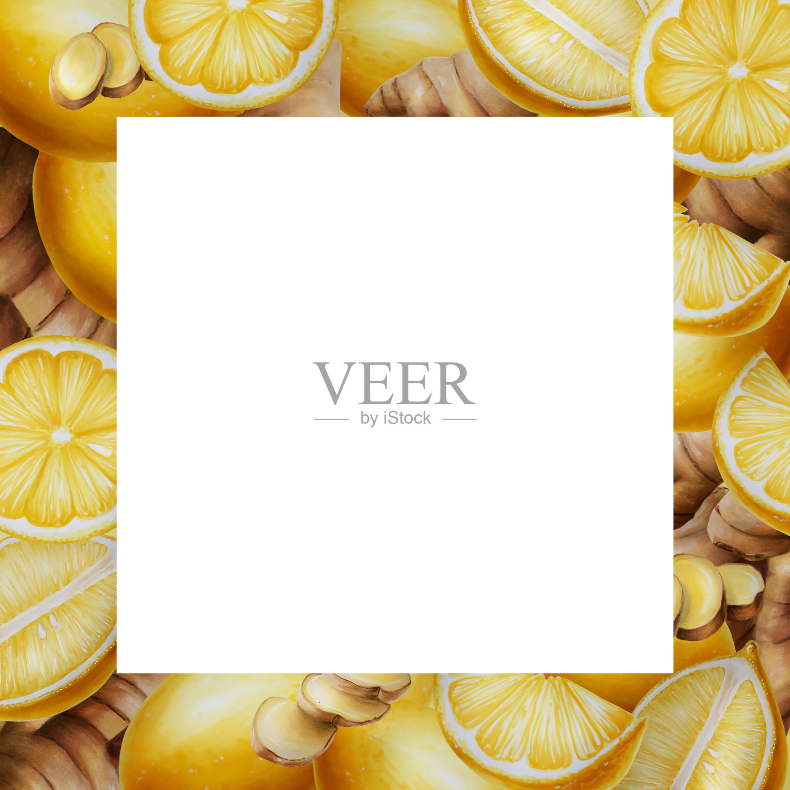 水彩框架与生姜和柠檬。包括姜根和姜叶，姜片和柠檬，柠檬切块。手绘逼真的免疫增强集维生素隔离插图背景插画图片素材