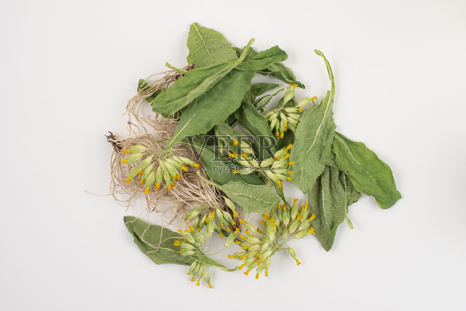 SmallÂ heapÂ的干healthyÂ herbalÂ茶与九轮草(报春花veris)，顶部视图，在白色背景。照片摄影图片