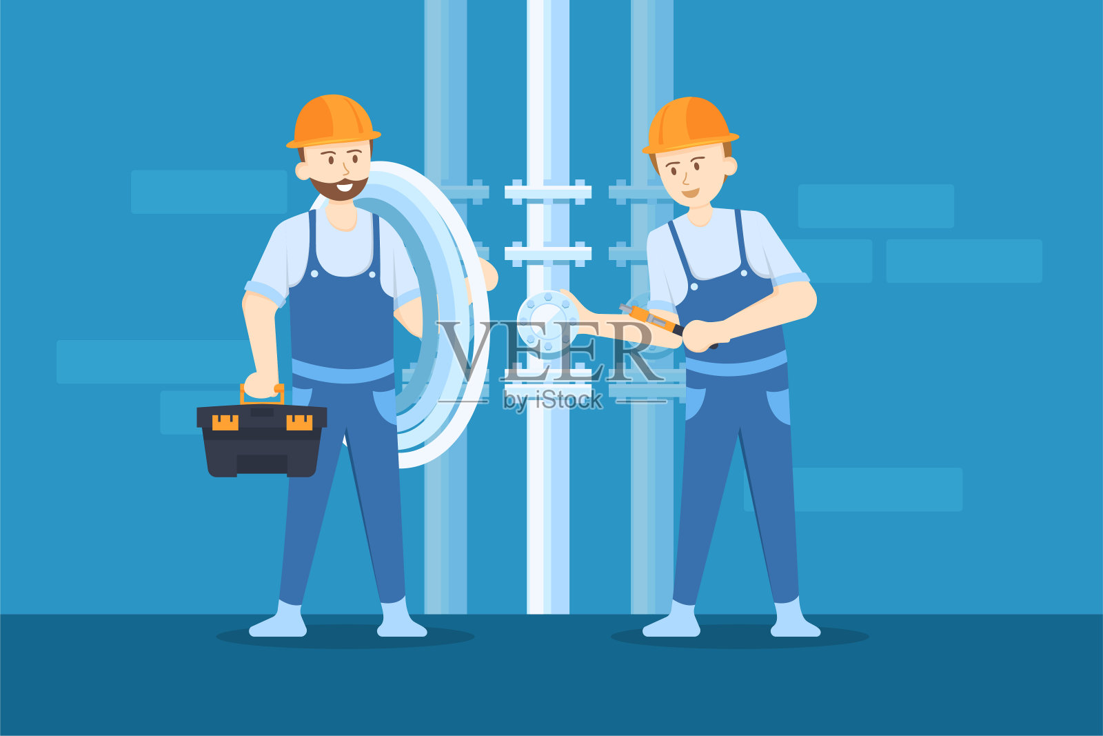 水管工正在松开阀门以更换新管道。插画图片素材