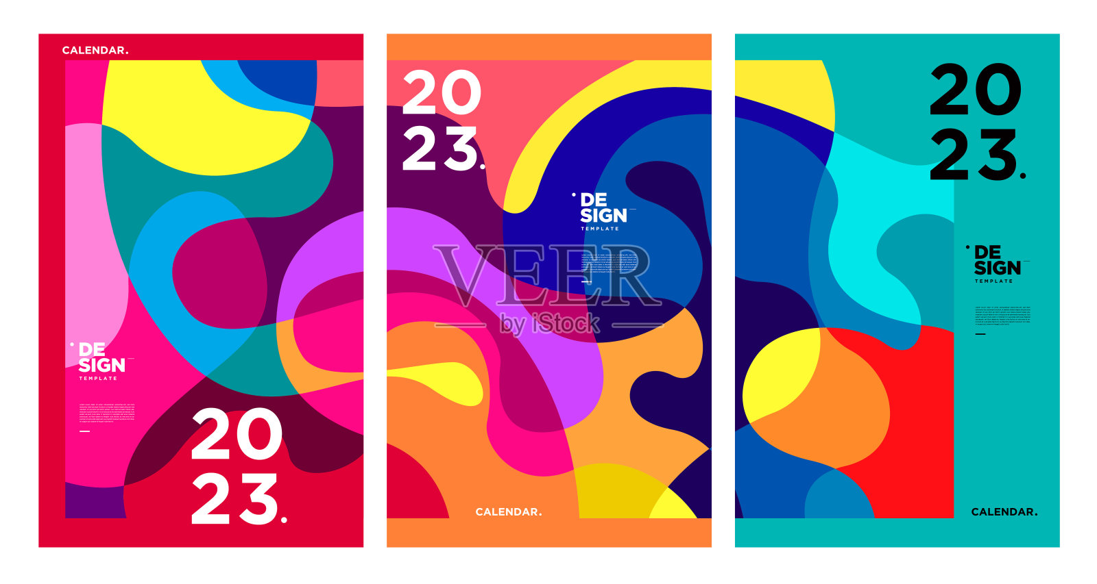 2023年新年日历设计模板与几何彩色抽象。矢量日历设计。插画图片素材