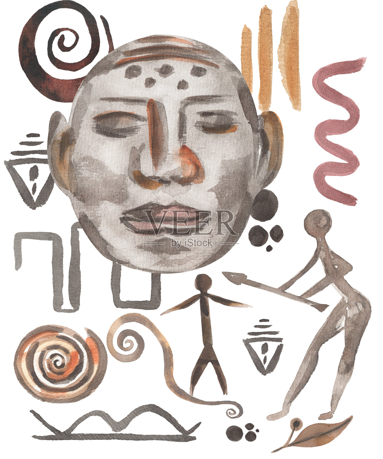 古代部落剪贴画海报，水彩现代抽象插画，埃及民族风情壁画，米色埃及神秘海报插画图片素材