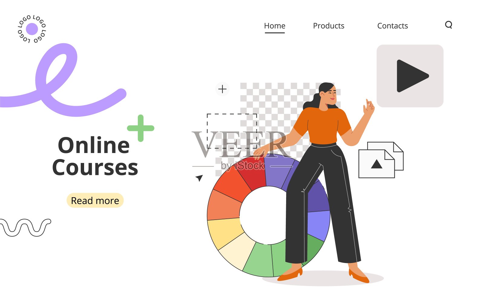 在线课程或教育概念，网页模板。现代平面矢量插图与启发妇女工作在一个图形程序为插图画家，设计师或摄影师。插画图片素材