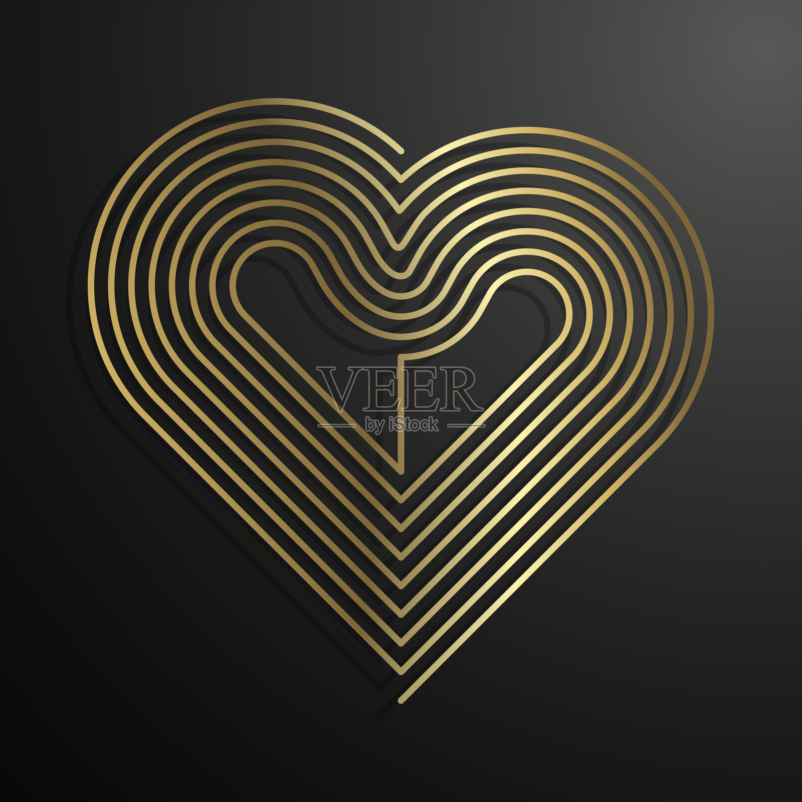 黑色背景上的金色螺旋线心形。情人节的爱情设计元素插画图片素材