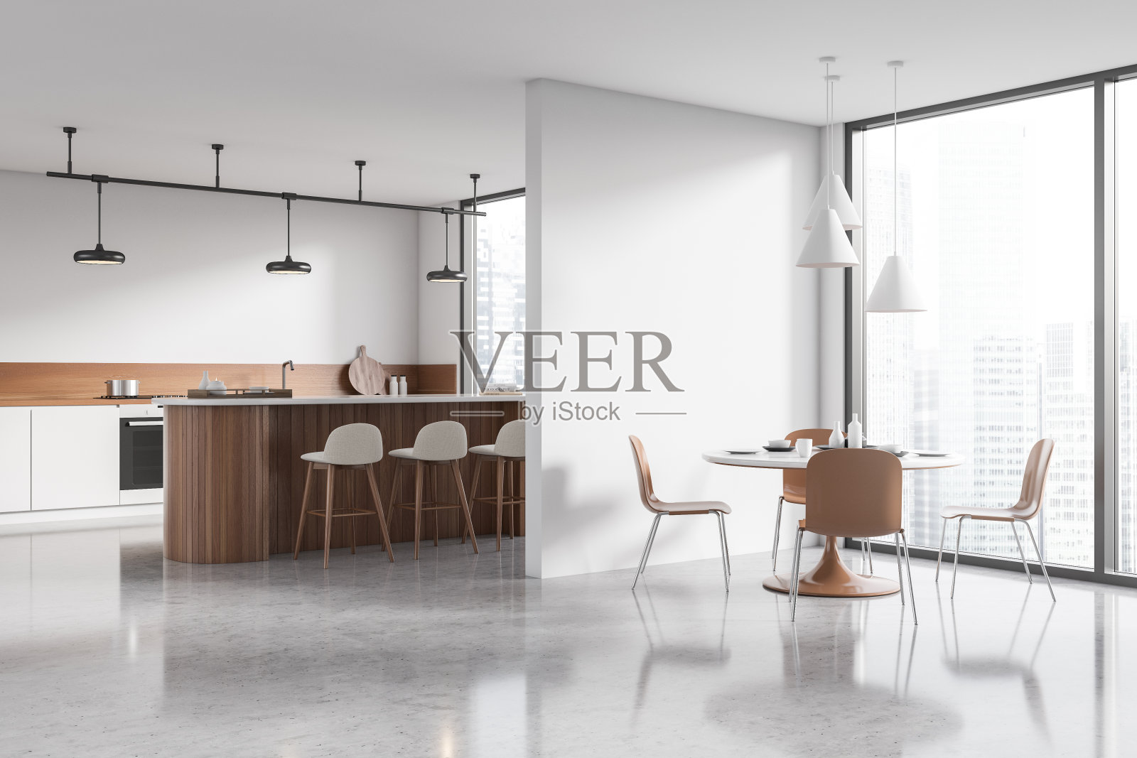 现代厨房内部有烹饪和用餐区，窗户。空墙模型照片摄影图片