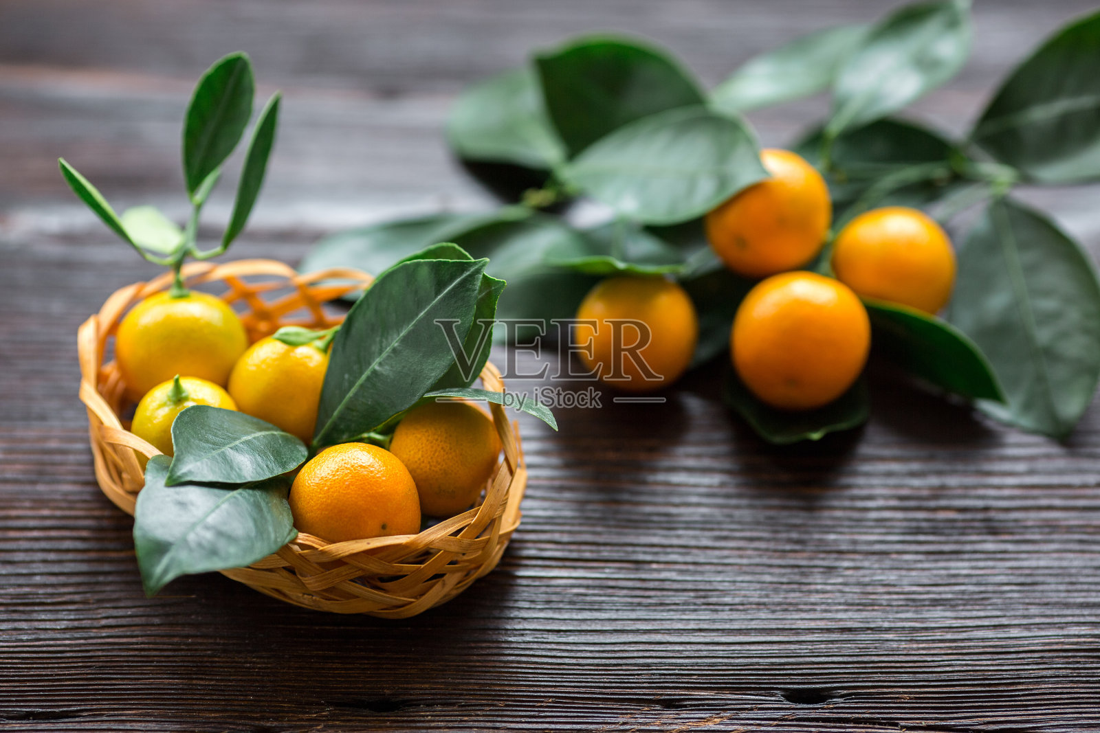 柑橘calamondine与树叶在篮子里，在木板上。照片摄影图片