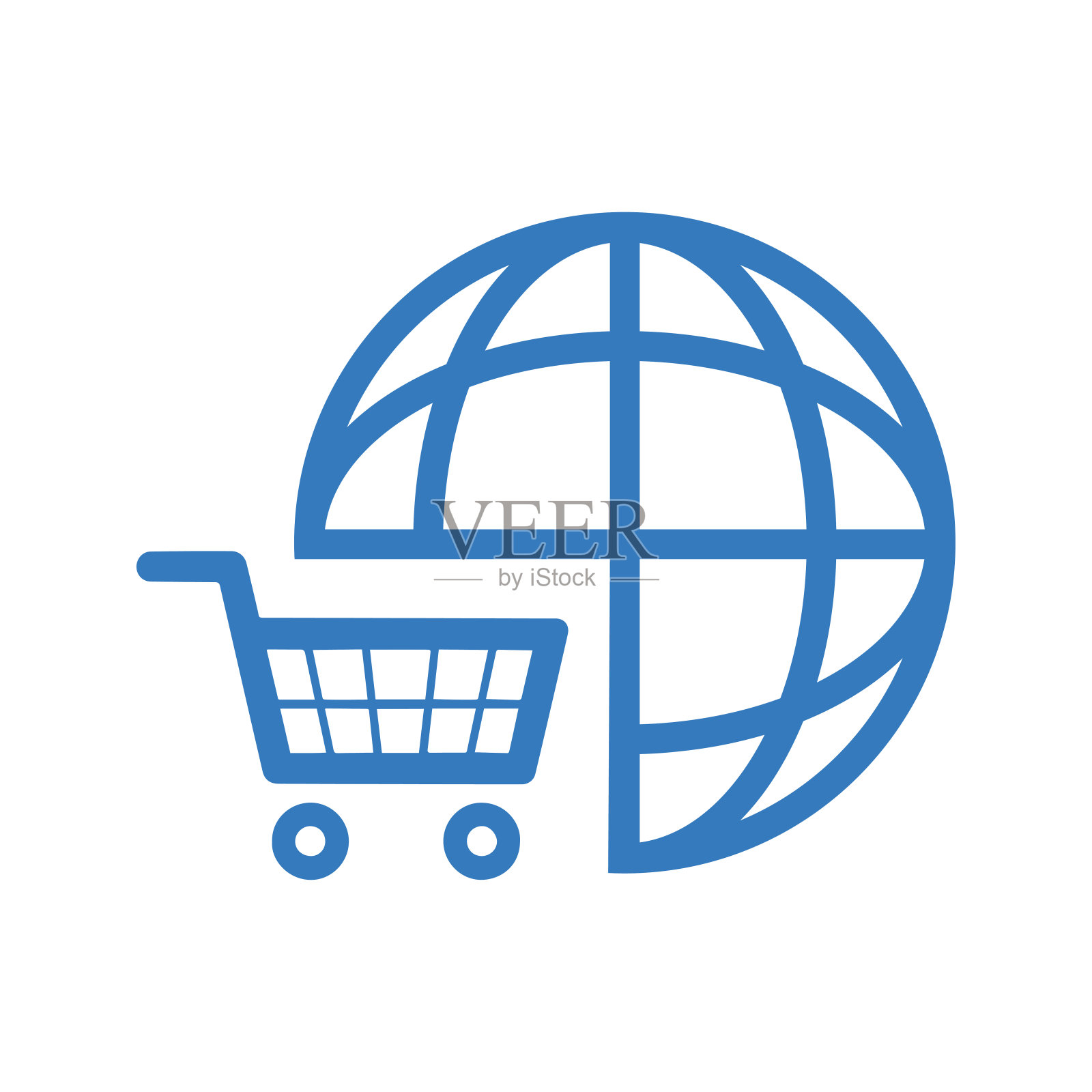 全球购物，购物车图标。蓝色的向量。插画图片素材