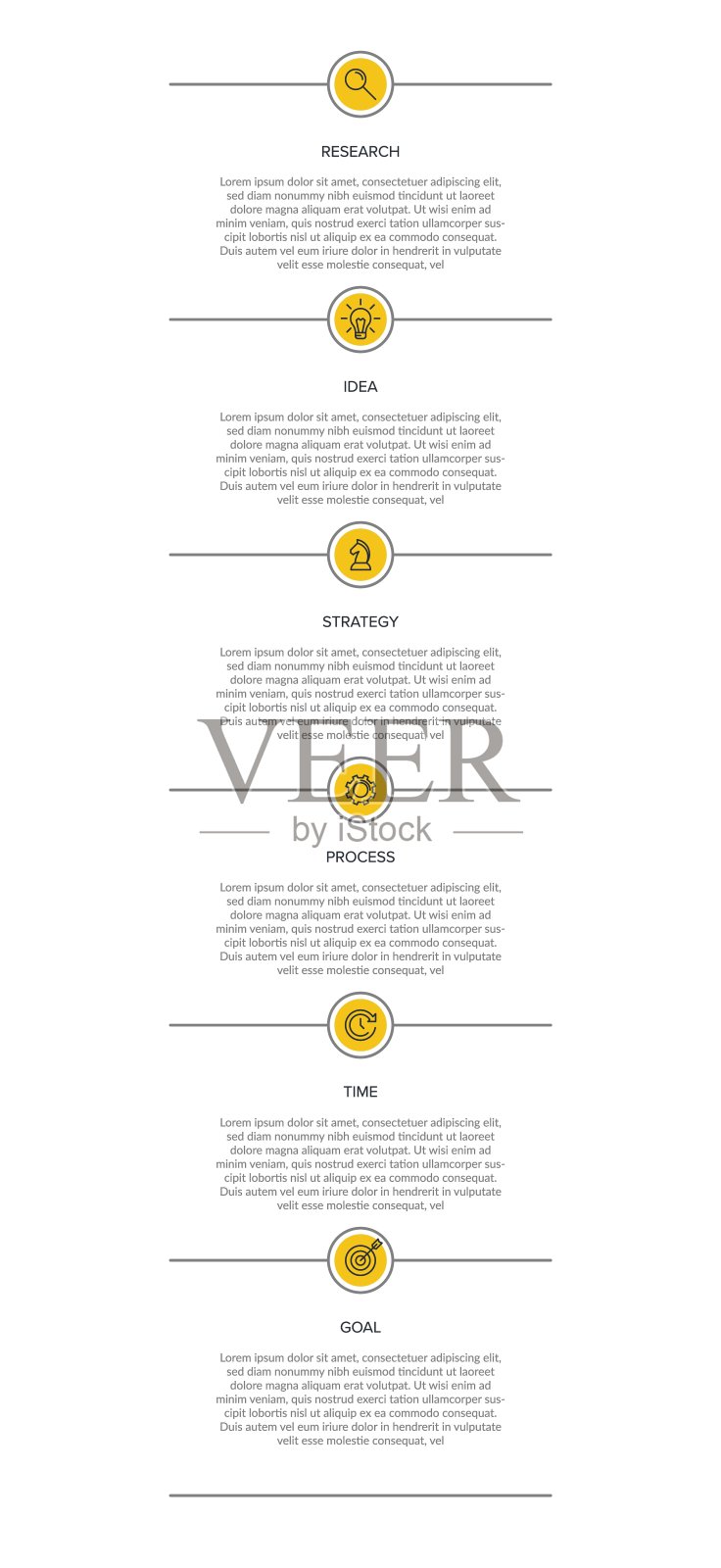 垂直信息图形设计与图标和6个选项或步骤。细线。信息图的业务概念。可用于信息图形、流程图、演示文稿、移动网站、印刷材料。插画图片素材