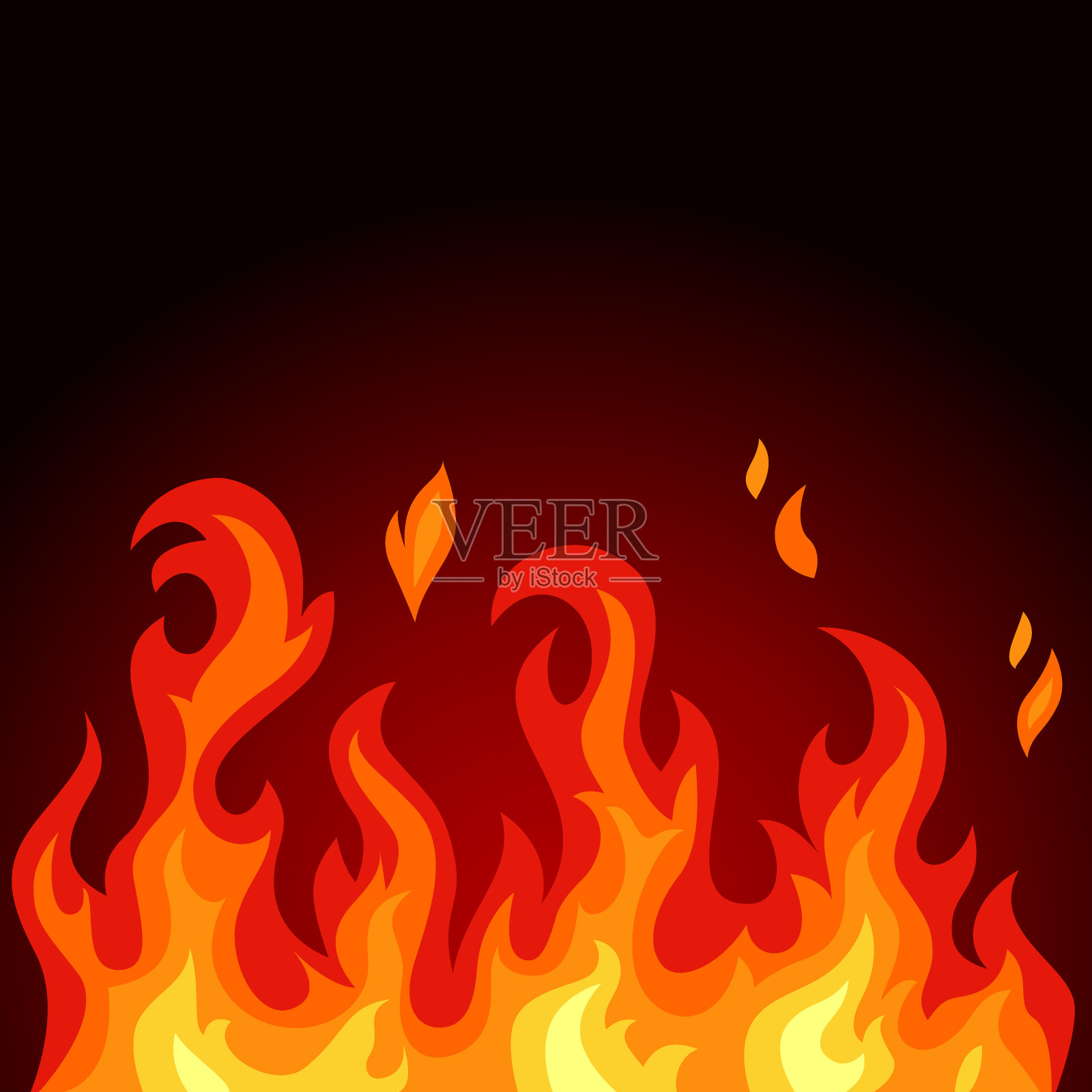 彩色打印。黑色背景上的红色、橙色、黄色扁平火焰。设计元素图片