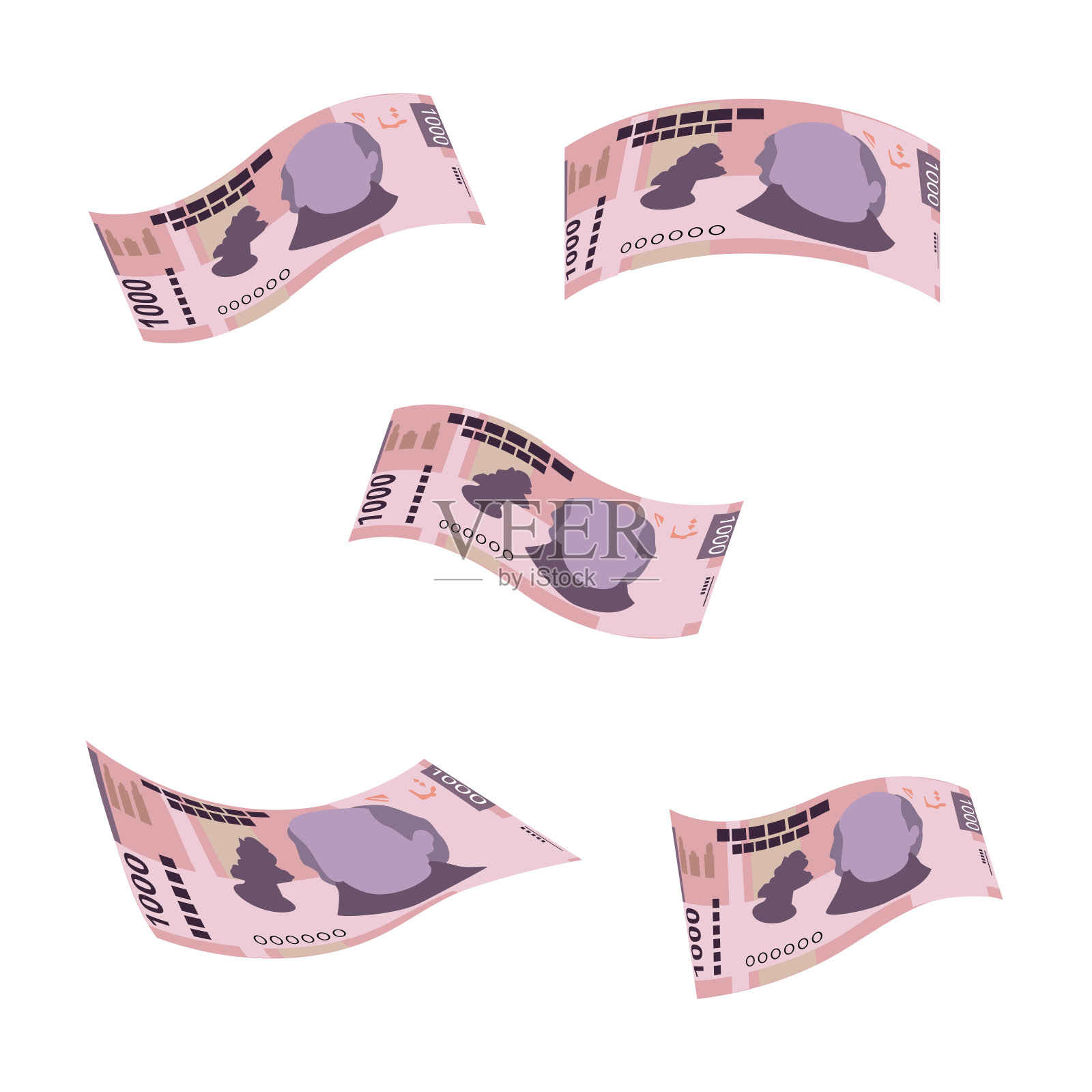 墨西哥比索矢量插图。墨西哥货币套装捆绑钞票。坠落，飞钱1000 MXN。平的风格。孤立在白色背景上。简单的最小设计。插画图片素材