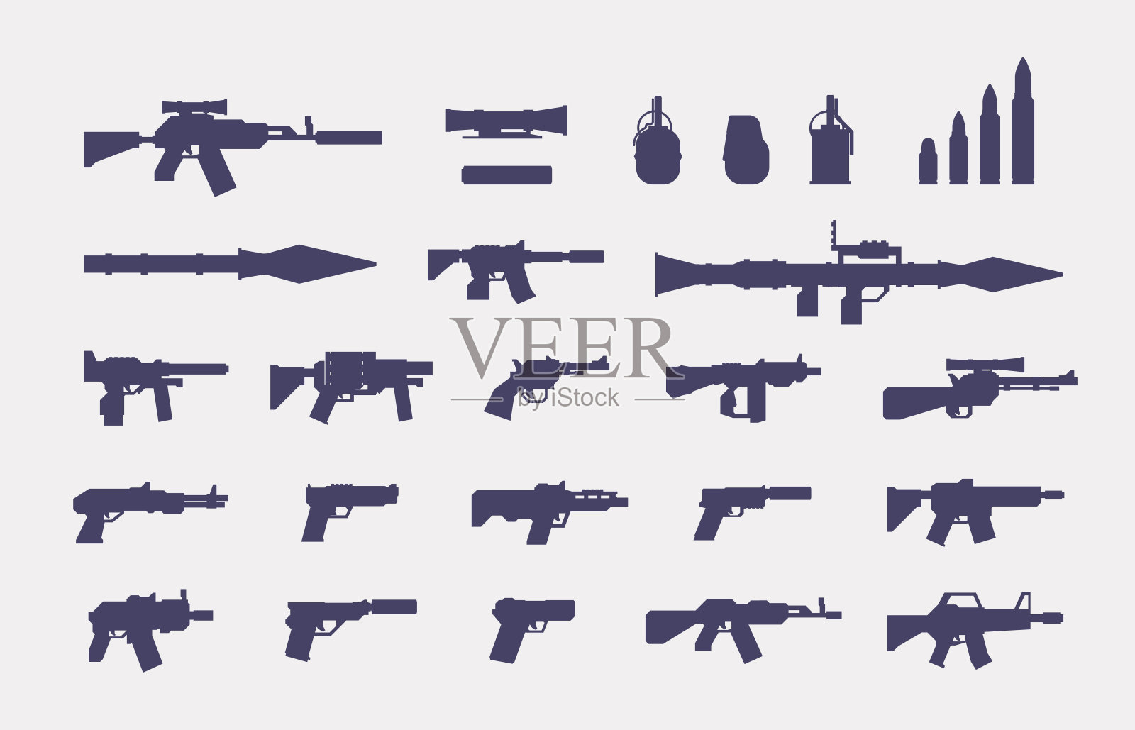 枪的剪影。为rpg设计的军事火器图标，军队兵工厂武器和弹药，手枪猎枪手榴弹左轮发射器。向量平坦集插画图片素材