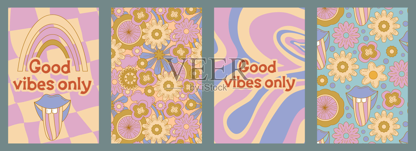 Groovy的海报设置在卡通风格的口号和花雏菊。Groovy花背景。复古60 - 70年代的迷幻设计。抽象的嬉皮士插图。插画图片素材