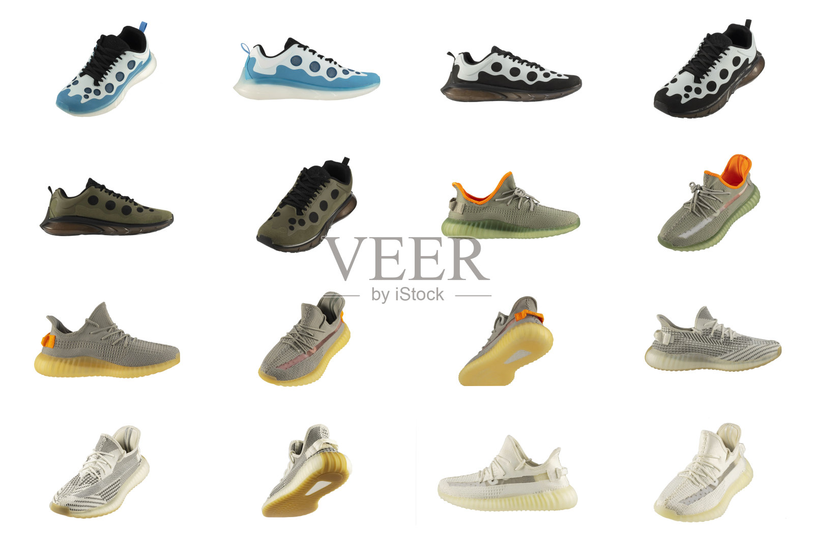 运动鞋拼贴。在白色背景上孤立的运动鞋的变化。照片摄影图片